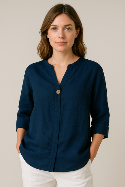 Women's Relaxed V Neck Button Detail Relaxed Blouse Shirt