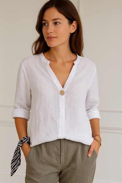 Women's Relaxed V Neck Button Detail Relaxed Blouse Shirt