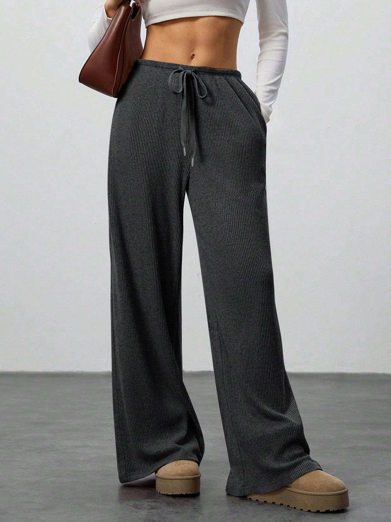 Womens Solid Color Loose Pants - Flowy Drawstring-Waist Wide-Leg Casual Trousers