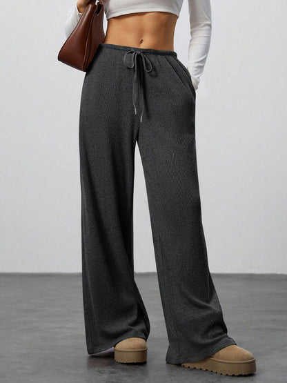 Womens Solid Color Loose Pants - Flowy Drawstring-Waist Wide-Leg Casual Trousers