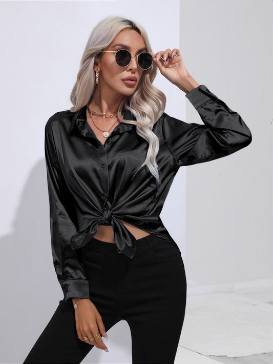 Women's Premium Satin Solid Color Button Front Lapel Blouse Shirt - LAKD London