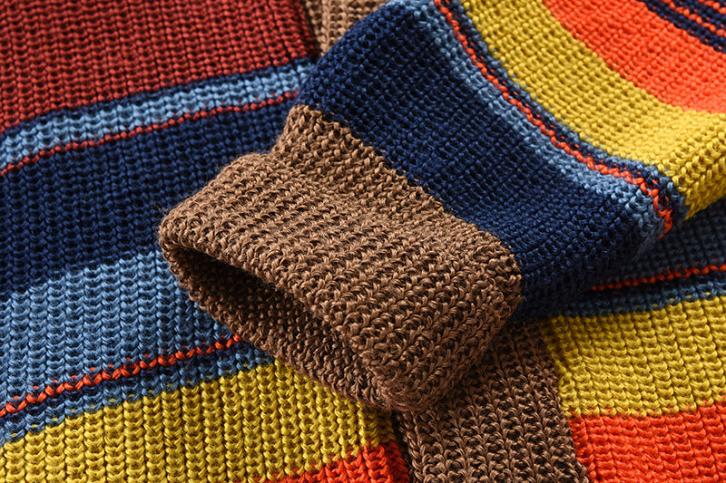Men's Comfortable Cotton Cardigan Multicolored Stripes Lapel Sweater