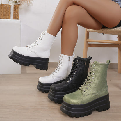 Women's Chunky Platform Plus Round Toe Patchwork Retro Martin Boots