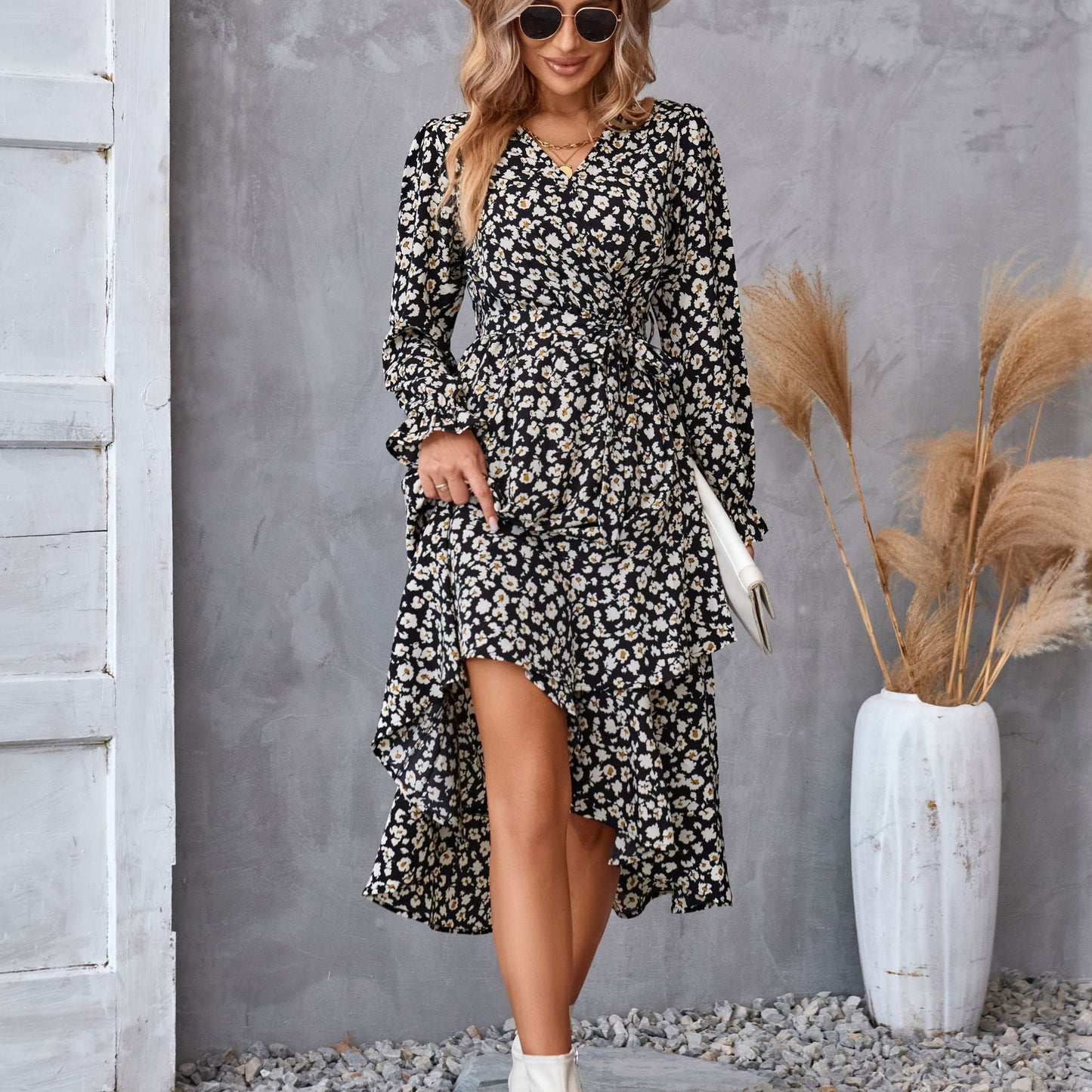Women's Floral Print Long Sleeve Ruffled Midi Commuter Dress Elegant