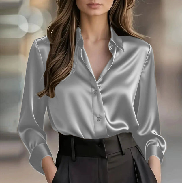 Women's Elegant Satin Long Sleeve Button Up Glossy Office Blouse