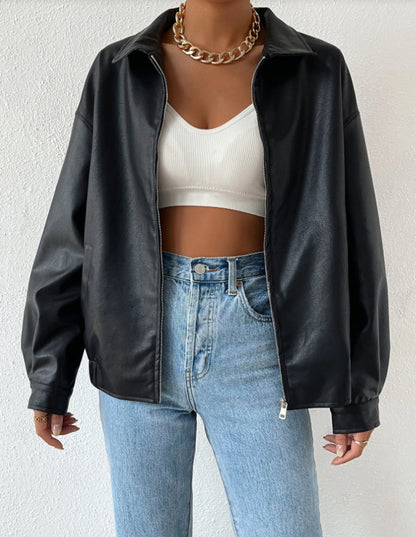 Womens Winter PU Leather Coat | Retro Biker's Long Sleeve Zipper Lapel Jacket