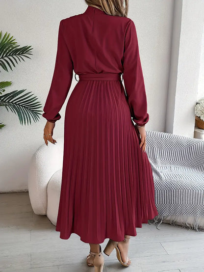 Women's Pleated Midi Belted Long Sleeve Occasion Dress - Relaxed Fit