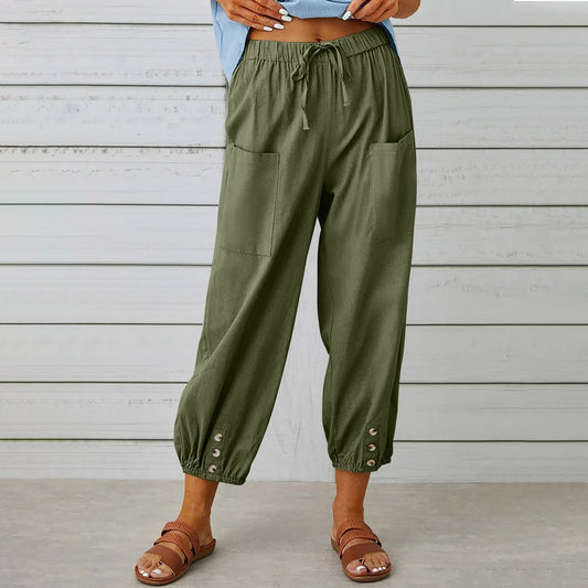 Women's Drawstring Tie Cotton Linen Trousers With Pockets Casual Style