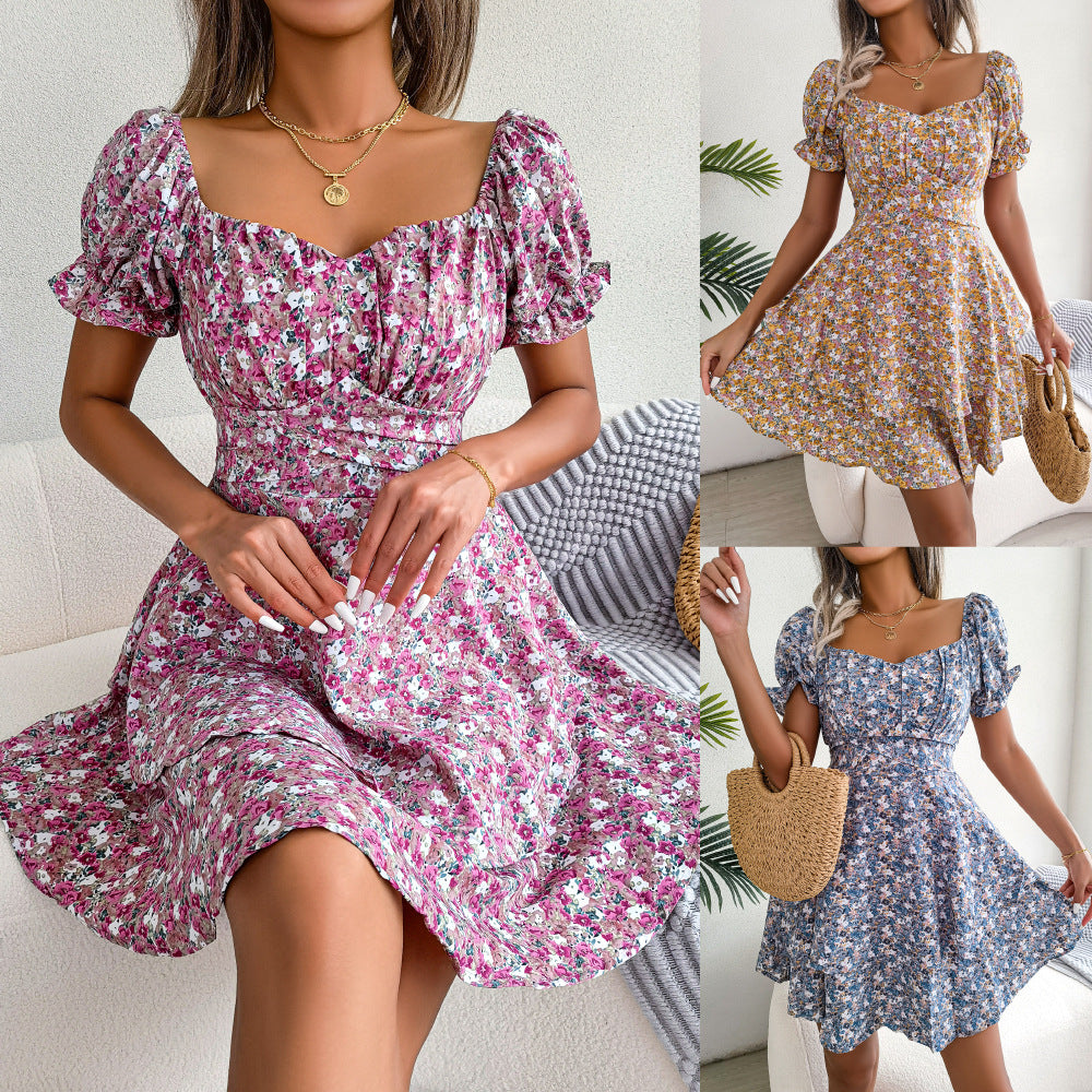 Women's Floral Mini Dress High Waist Swing Summer Style Casual