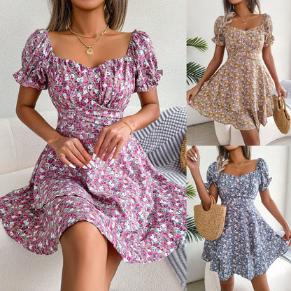 Women's Floral Mini Dress High Waist Swing Summer Style Casual