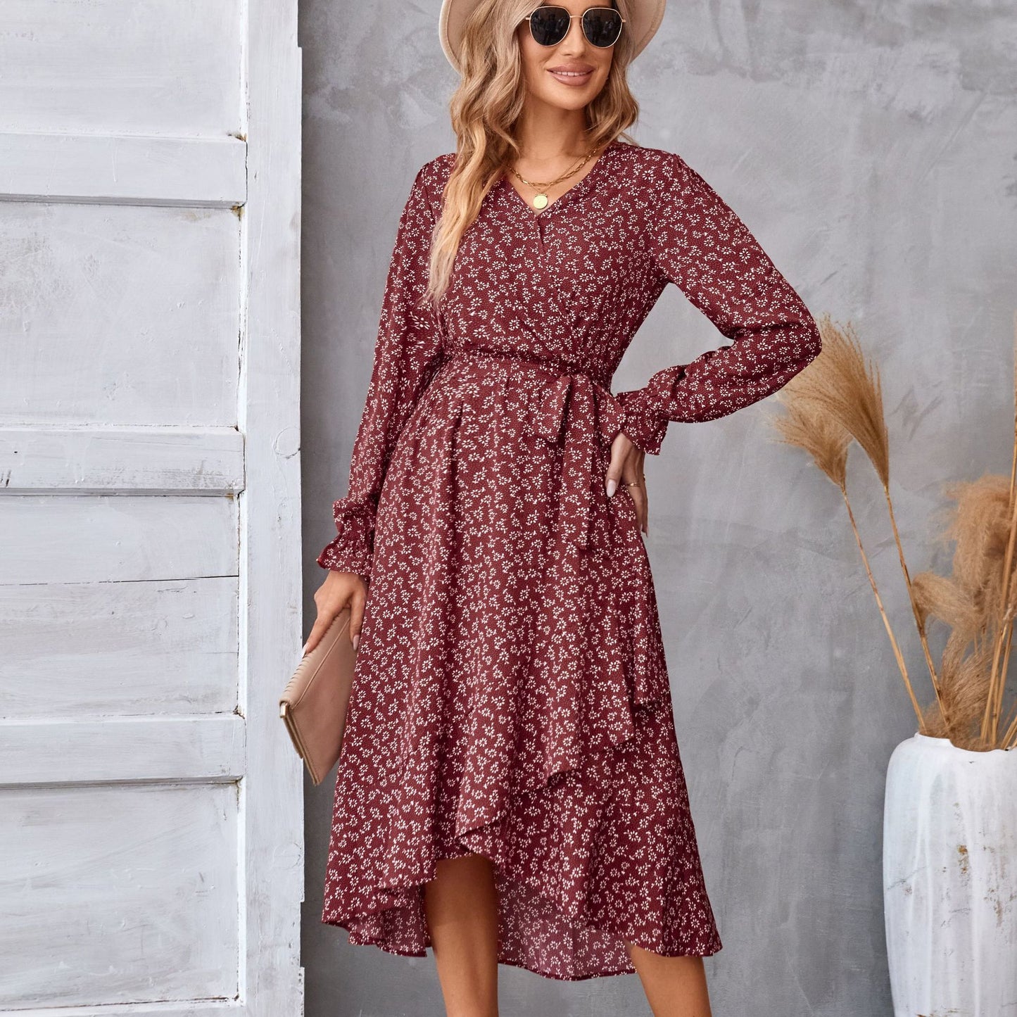 Women's Floral Print Long Sleeve Ruffled Midi Commuter Dress Elegant