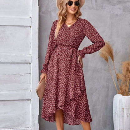 Women's Floral Print Long Sleeve Ruffled Midi Commuter Dress Elegant