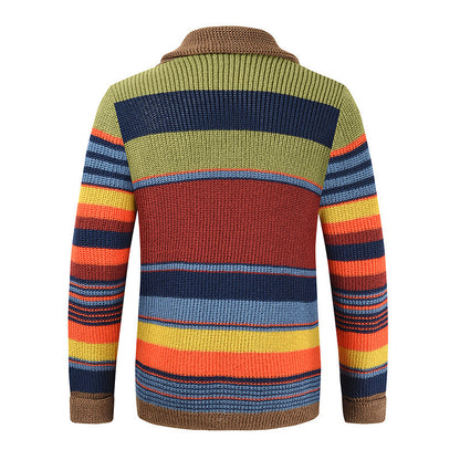 Men's Comfortable Cotton Cardigan Multicolored Stripes Lapel Sweater