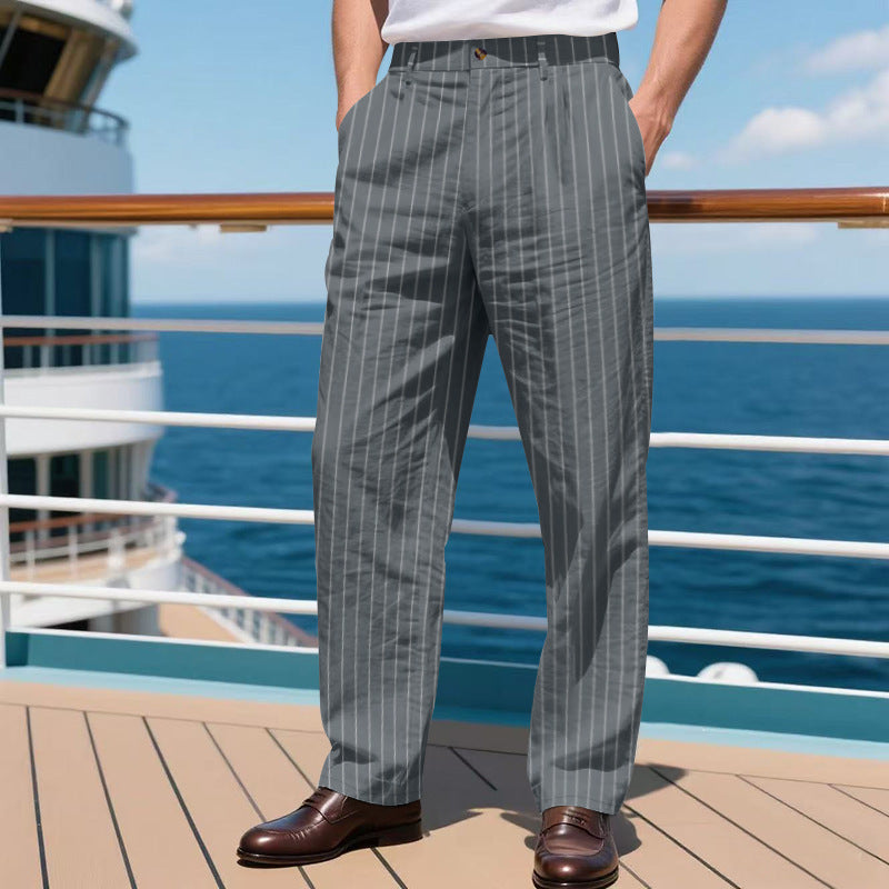 Mens Striped Loose Breathable Casual Cotton Trouser Pants