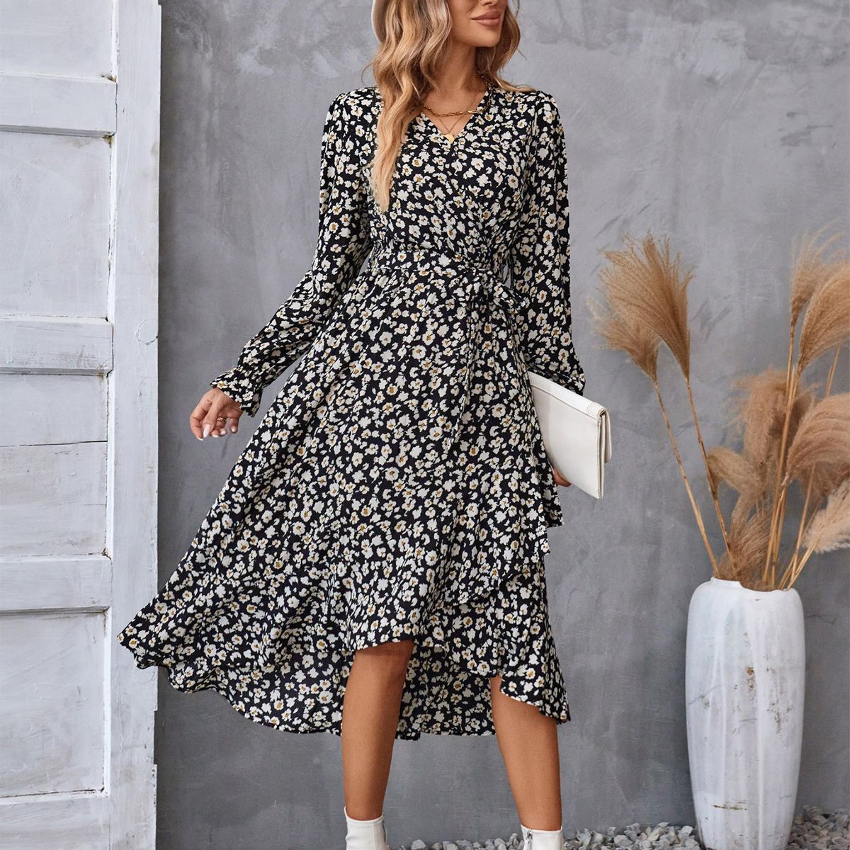Women's Floral Print Long Sleeve Ruffled Midi Commuter Dress Elegant