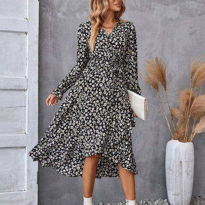 Women's Floral Print Long Sleeve Ruffled Midi Commuter Dress Elegant
