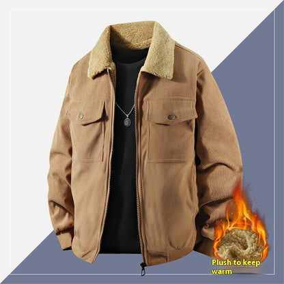 Mens Fleece Corduroy Cotton Coat Jacket | Casual Polo Collar Coat
