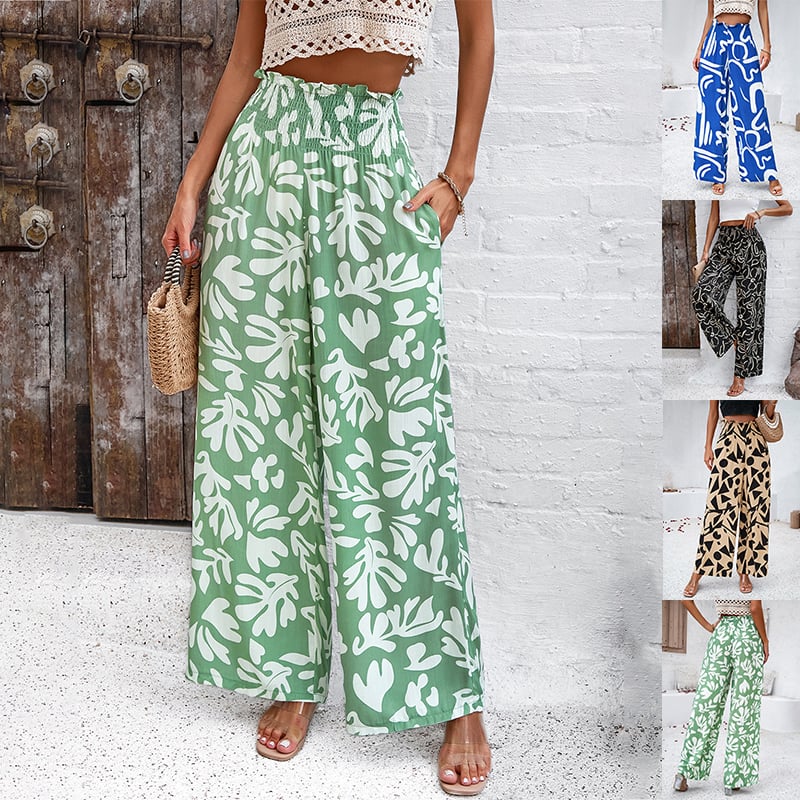 Womens Printed Trousers - Summer Loose Elastic High Waist Straight Pants