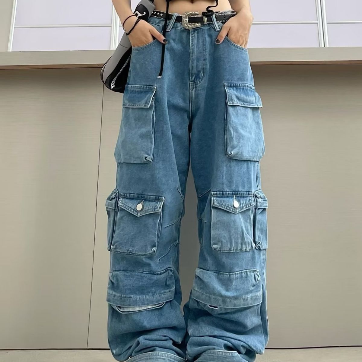 Womens High Waist Trousers Street Hipster Multi-pocket Wide Leg Tie-dyed Jeans