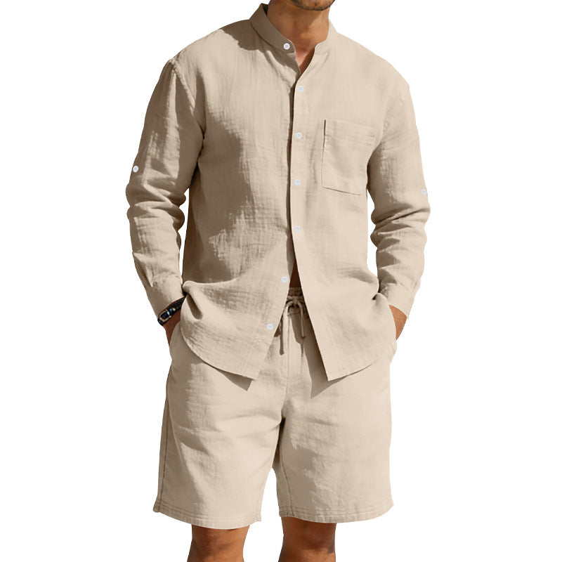 Men's Casual Linen Shirt and Shorts Summer Two Piece Set