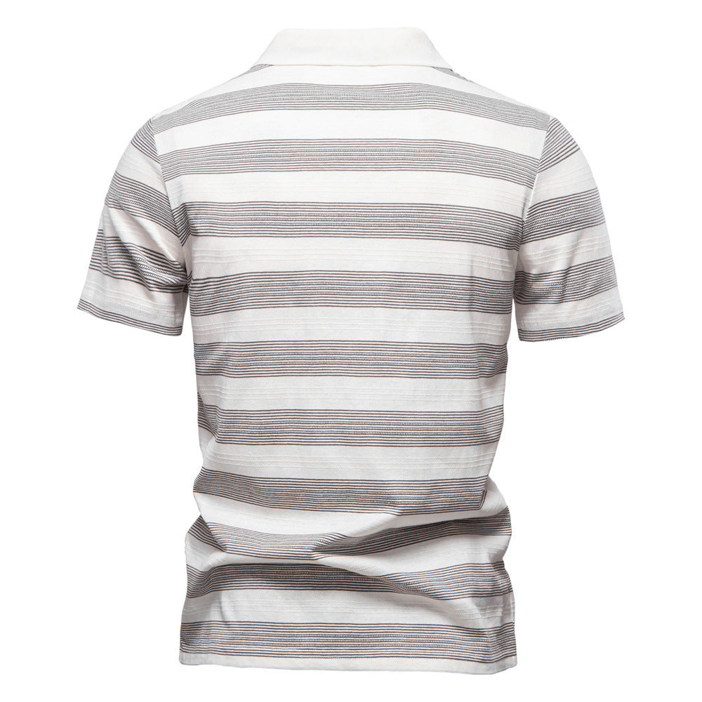 Mens Striped Lapel Polo Shirt | Summer Textured Short Sleeve Tee