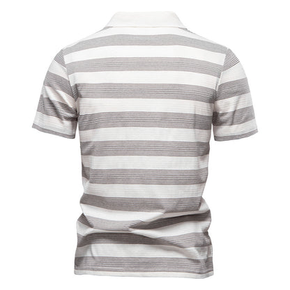 Mens Striped Lapel Polo Shirt | Summer Textured Short Sleeve Tee