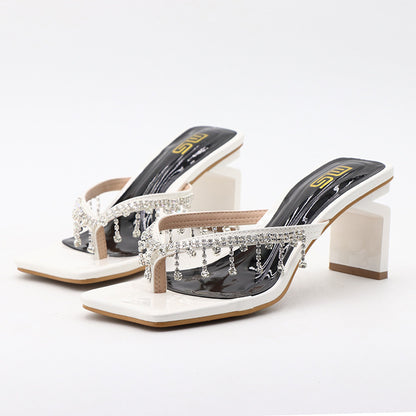 Womens Rhinestone High-heeled Sandal | Outdoor Square Toe Chunky Plus Size - LAKD London