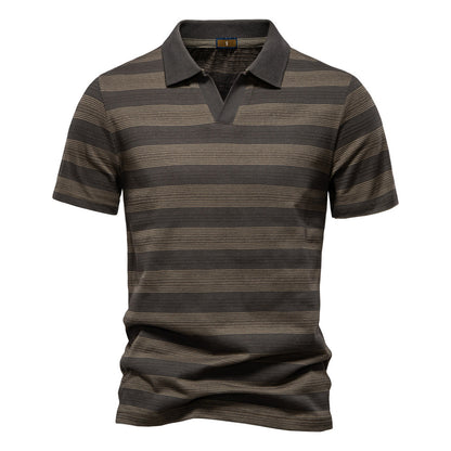 Mens Striped Lapel Polo Shirt | Summer Textured Short Sleeve Tee