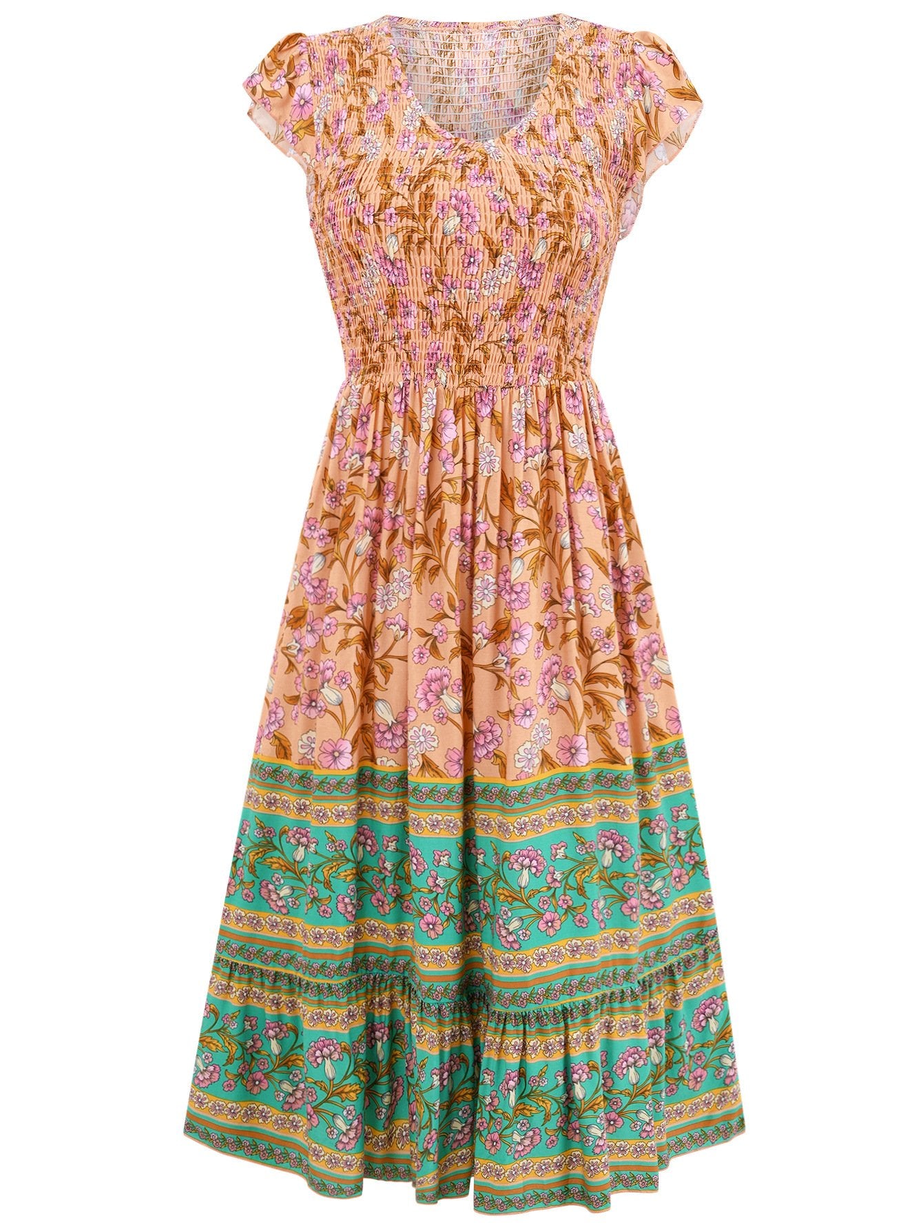 Womens Floral V-neck Dress - Summer Casual Ruffle Sleeveless Bohemian Beach Dress