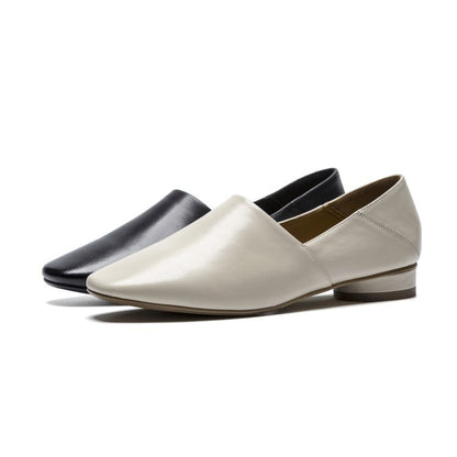 Women's Flat Sole Cowhide Shoes | Low-heel Deep Mouth Square Head Shoes