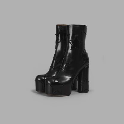 Womens Round Head Chunky High Heels Boot | Side Zipper Height Increasing