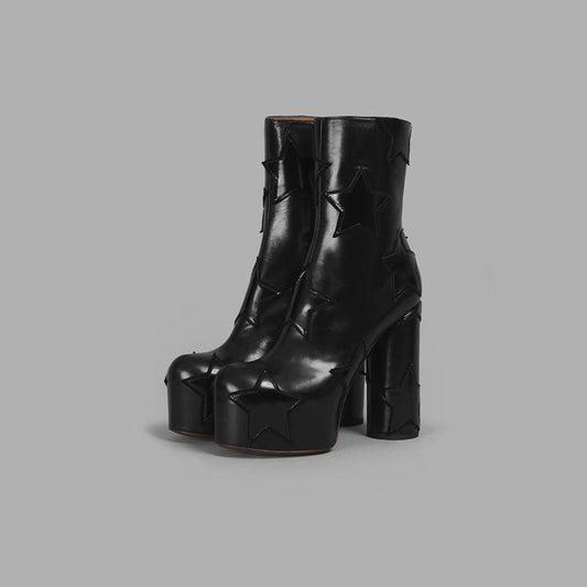 Womens Round Head Chunky High Heels Boot | Side Zipper Height Increasing