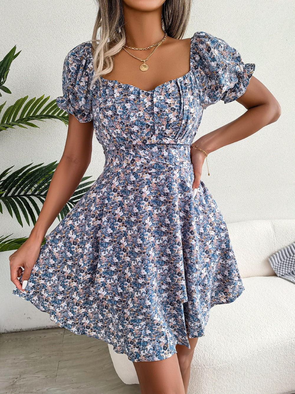 Women's Floral Mini Dress High Waist Swing Summer Style Casual