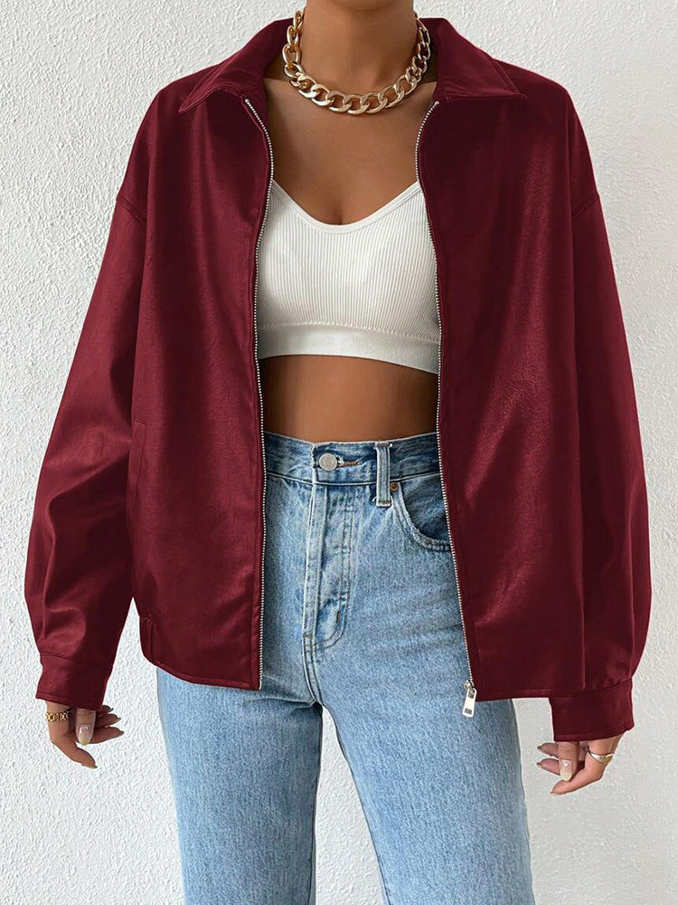 Womens Winter PU Leather Coat | Retro Biker's Long Sleeve Zipper Lapel Jacket