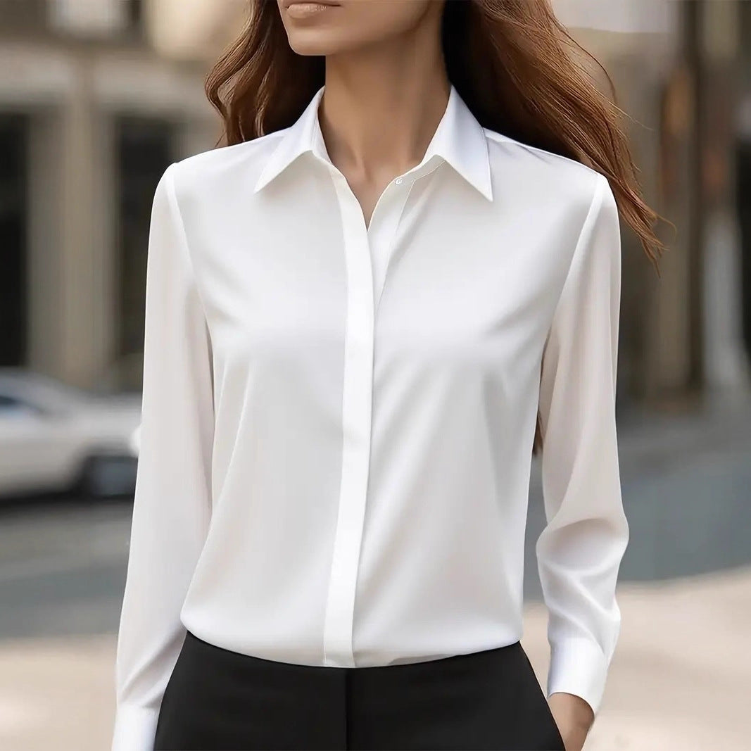 Women's Tailored Satin Lapel Long Sleeve Formal Office Blouse Shirt