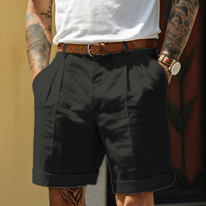 Men's Pleated Pocket Straight Leg Summer Cotton Linen Shorts Loose