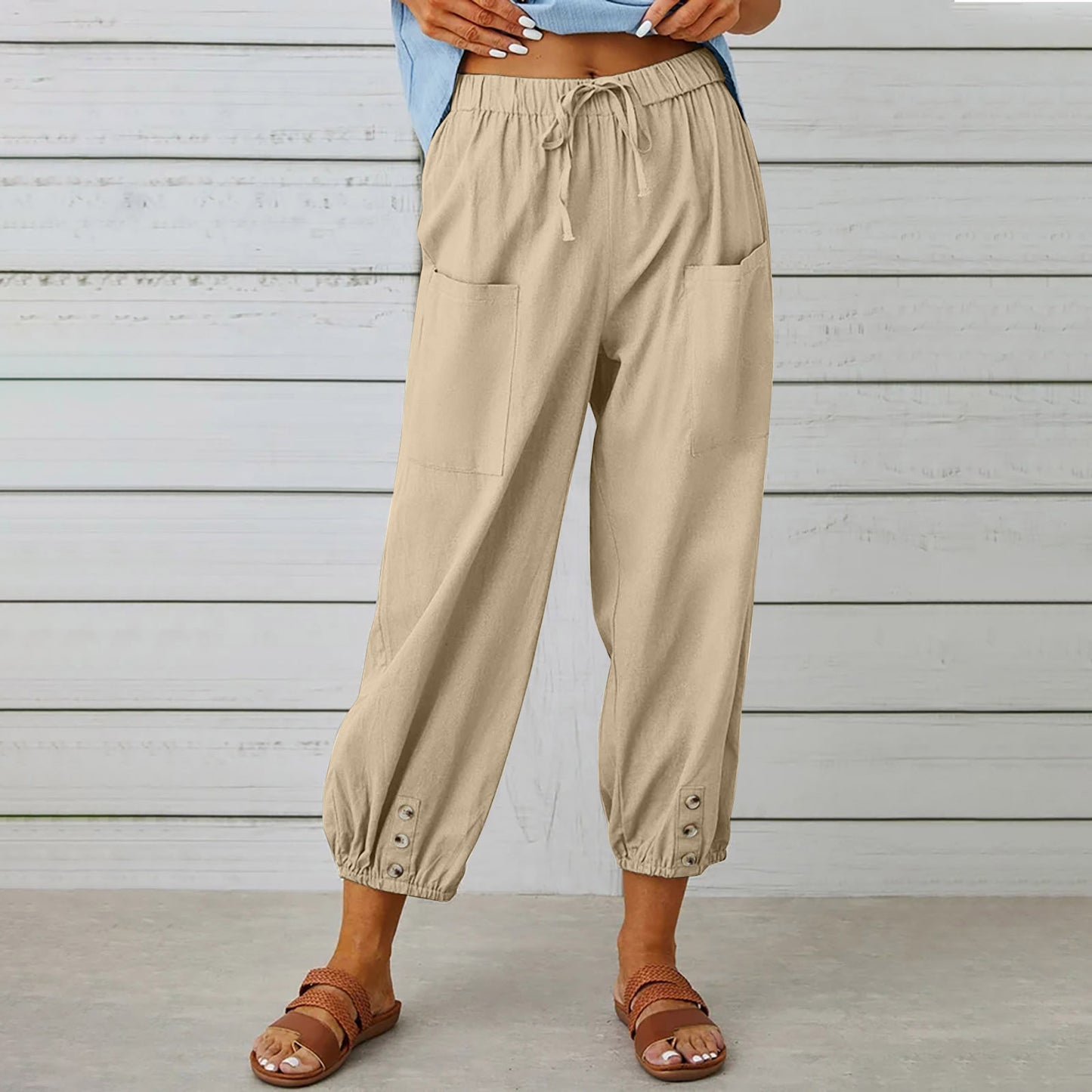 Women Drawstring Tie Pants - Cotton And Linen Trousers With Pockets Button