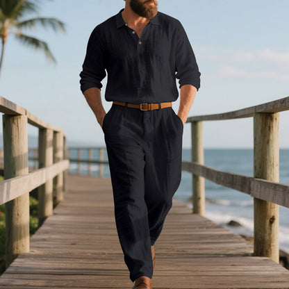 Men's Linen Two-Piece Summer Shirt Trousers Casual Comfortable Set