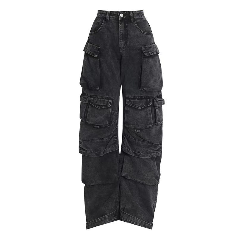 Womens High Waist Trousers Street Hipster Multi-pocket Wide Leg Tie-dyed Jeans