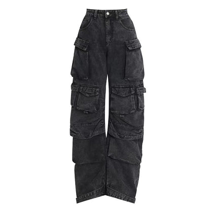 Womens High Waist Trousers Street Hipster Multi-pocket Wide Leg Tie-dyed Jeans