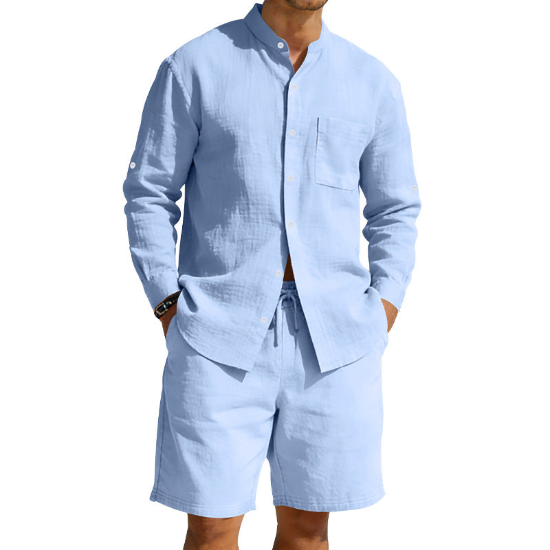 Men's Casual Linen Shirt and Shorts Summer Two Piece Set