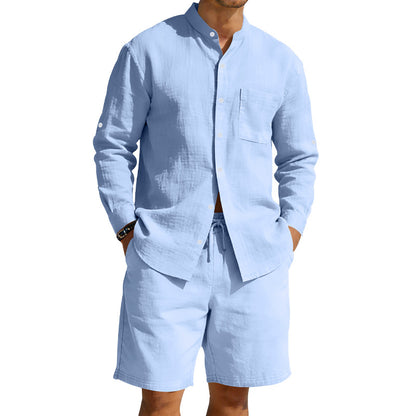 Men's Casual Linen Shirt and Shorts Summer Two Piece Set