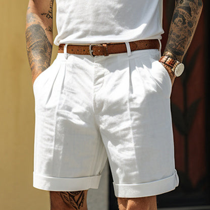 Men's Pleated Pocket Straight Leg Summer Cotton Linen Shorts Loose