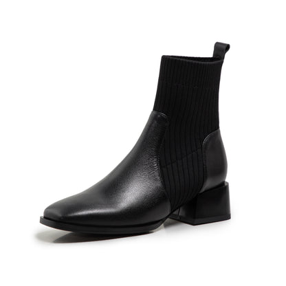 Womens Cowhide Socks Boots | Knitted Thin Square Toe Mid-heel Martin Boots