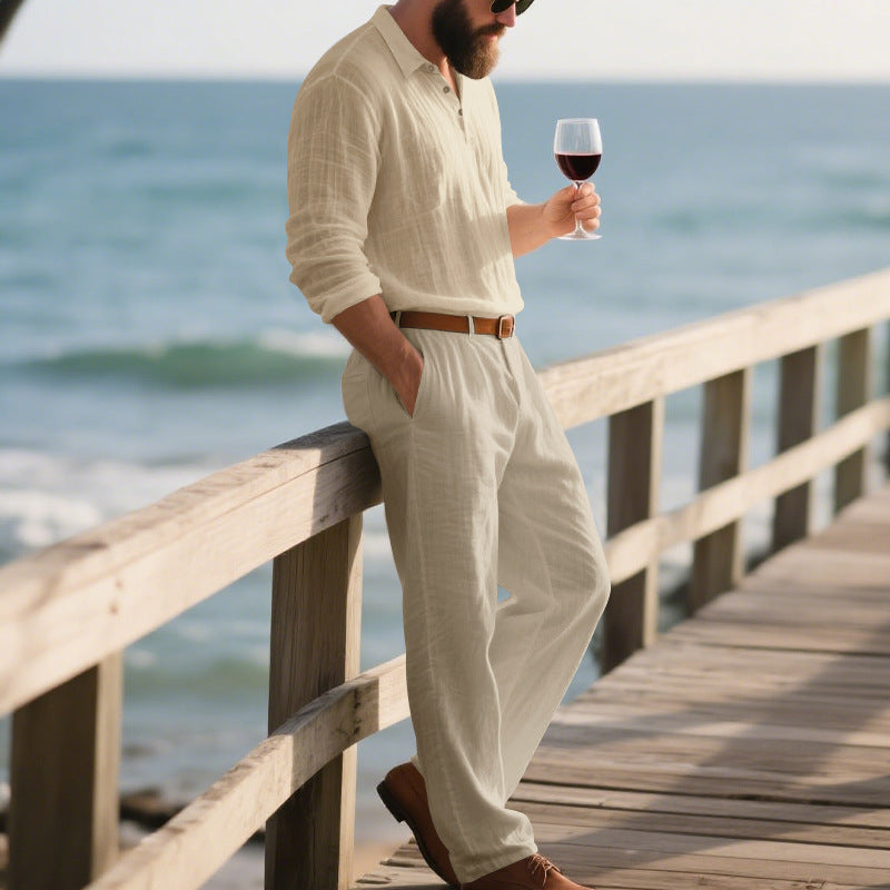 Men's Linen Two-Piece Summer Shirt Trousers Casual Comfortable Set