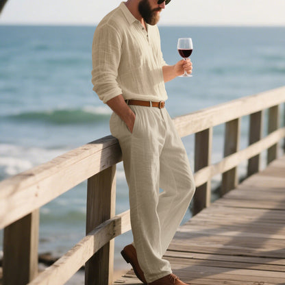 Men's Linen Two-Piece Summer Shirt Trousers Casual Comfortable Set