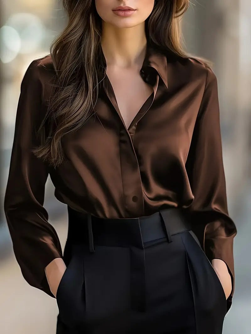 Women's Elegant Satin Long Sleeve Button Up Glossy Office Blouse