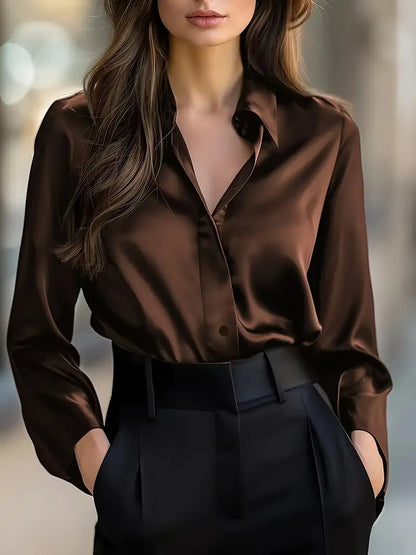 Women's Elegant Satin Long Sleeve Button Up Glossy Office Blouse