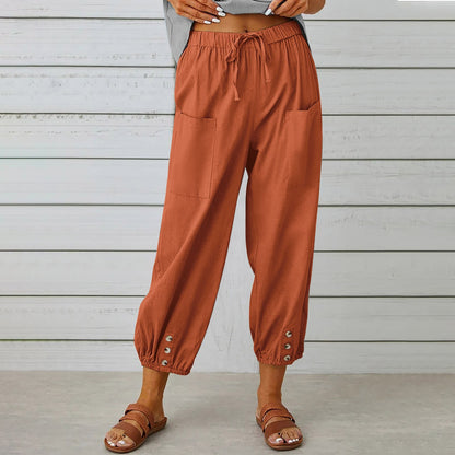 Women Drawstring Tie Pants - Cotton And Linen Trousers With Pockets Button