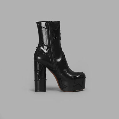 Womens Round Head Chunky High Heels Boot | Side Zipper Height Increasing